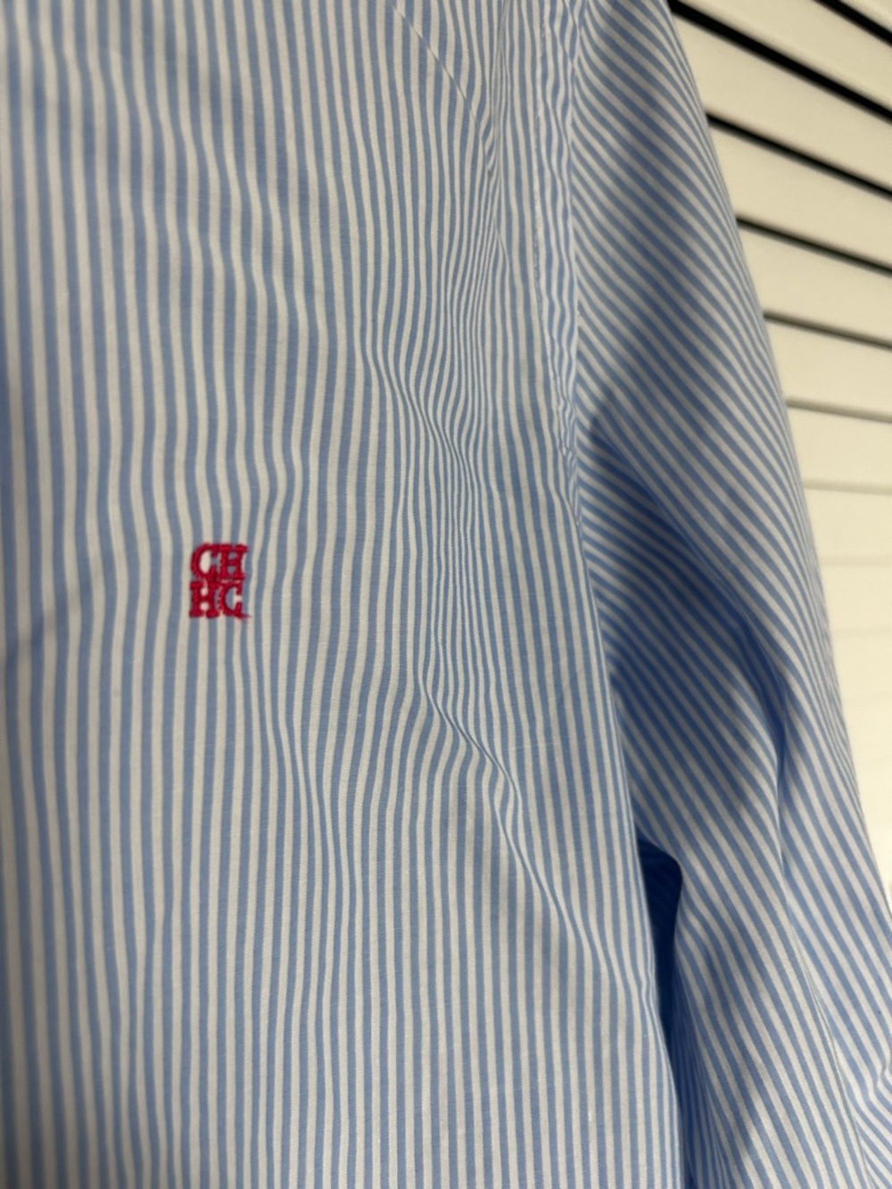 Carolina Herrera Light Blue and White Pinstripe Shirt with Red Label - Picture 6 of 10